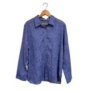 SUSAN GRAVER Sheer Floral Purple Button Down Long Sleeve Blouse Size L